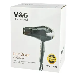 V&G Professional D04 Hair Dryer 2200W – Hot & Cool Air, Strong Wind, Black & Brown
